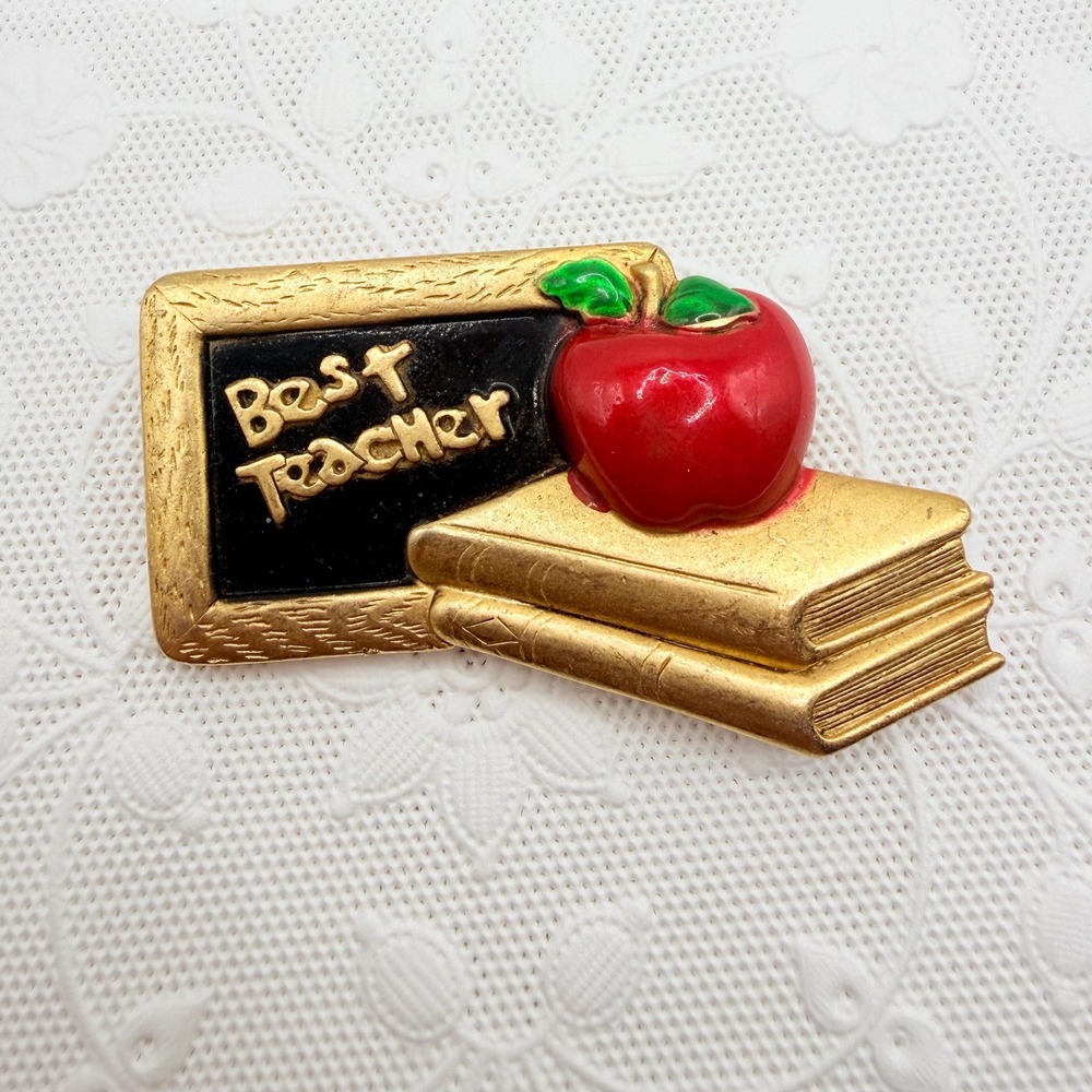 Vintage Big AJC Best Teacher Chalkboard Books Enamel Apple Gold Tone Brooch